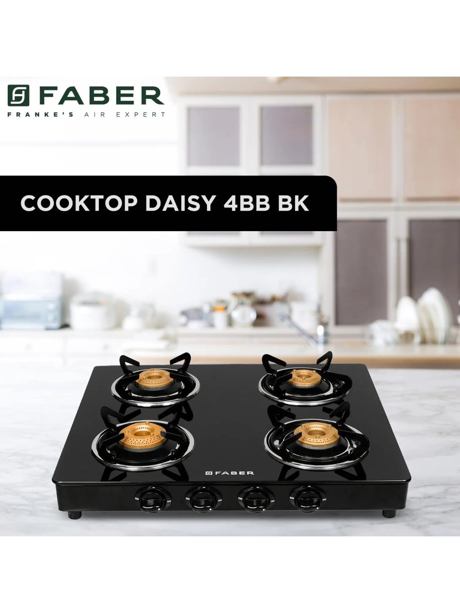 Faber Glass Top 4 Burner Gas Stove with Powder Coated Pan Support & Manual Ignition (Black)