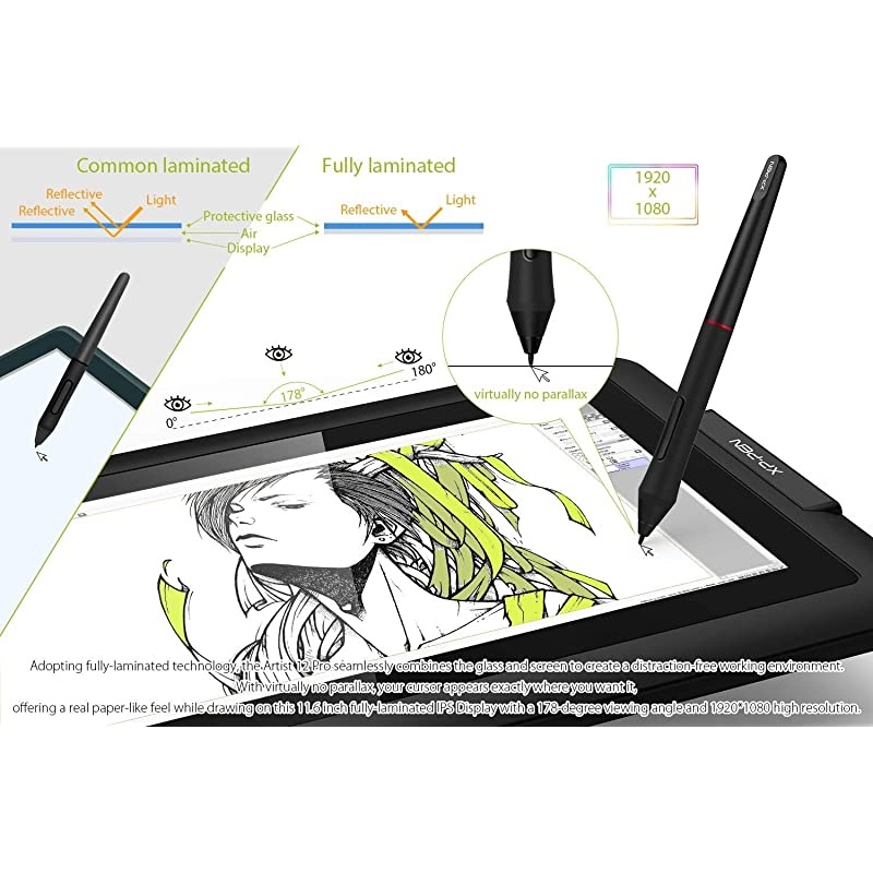 Artist12 Pro 11.6 Inch Drawing Monitor Pen Display Full-Laminated Graphics Drawing Tablet with Tilt Function Battery-Free Stylus and 8 Shortcut Keys(8192 Levels Pen Pressure and 72% NTSC)