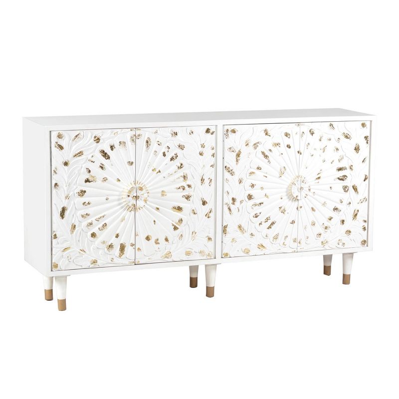 4 Door Wooden Sideboard with Engraved Sunburst Design Front White/Gold - The Urban Port