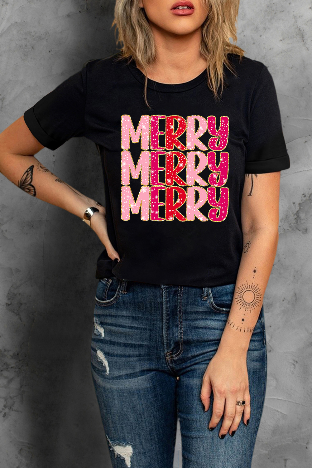 Black Christmas Fashion MERRY Letter Graphic T Shirt