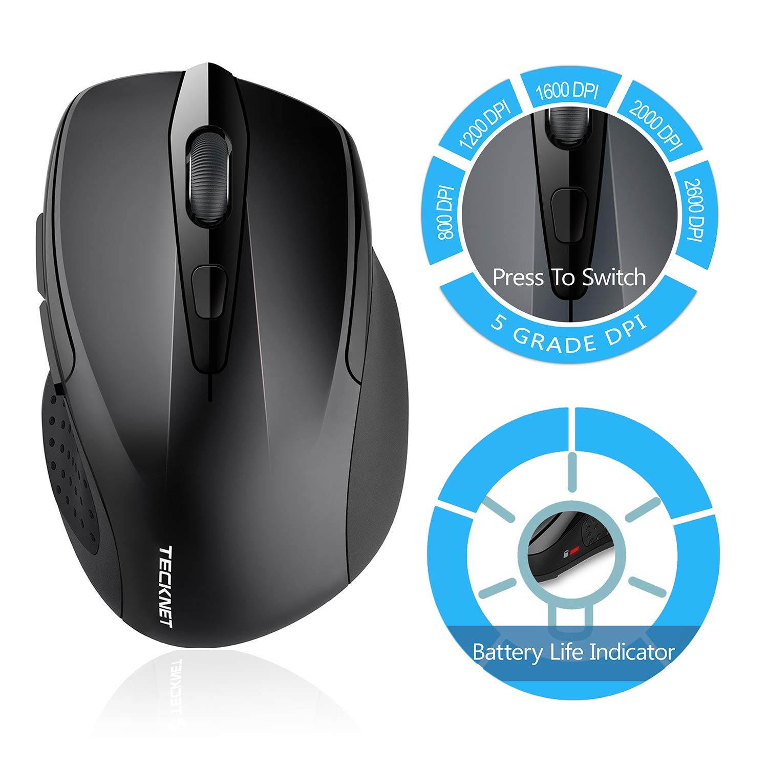 TeckNet 2600DPI Bluetooth Wireless Mouse, 24 Months Battery Life with Battery Indicator, 2600/2000/1600/1200/800DPI (Black)