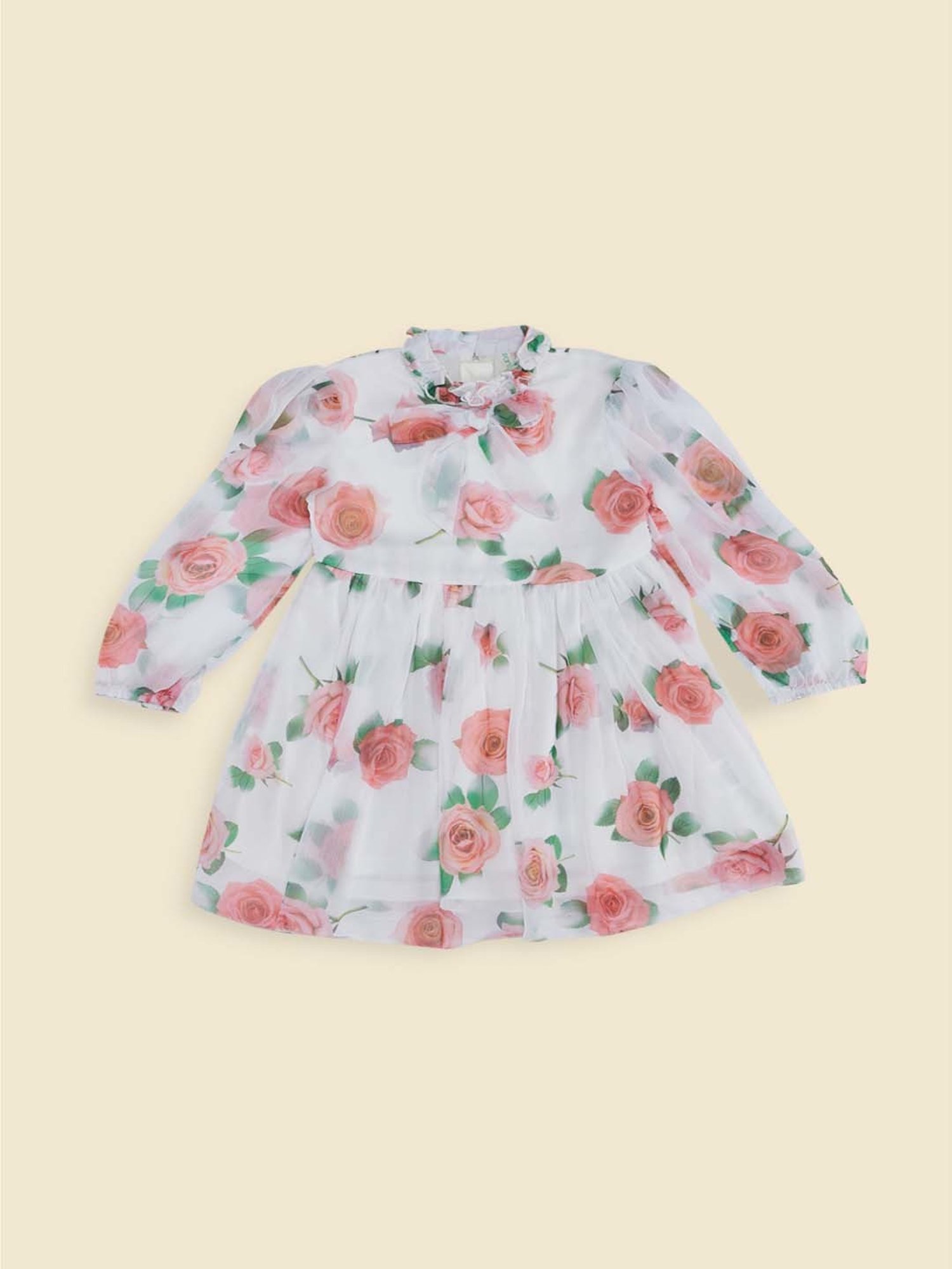 Pantaloons Junior Kids Off-White & Pink Cotton Floral Print Full Sleeves Dress