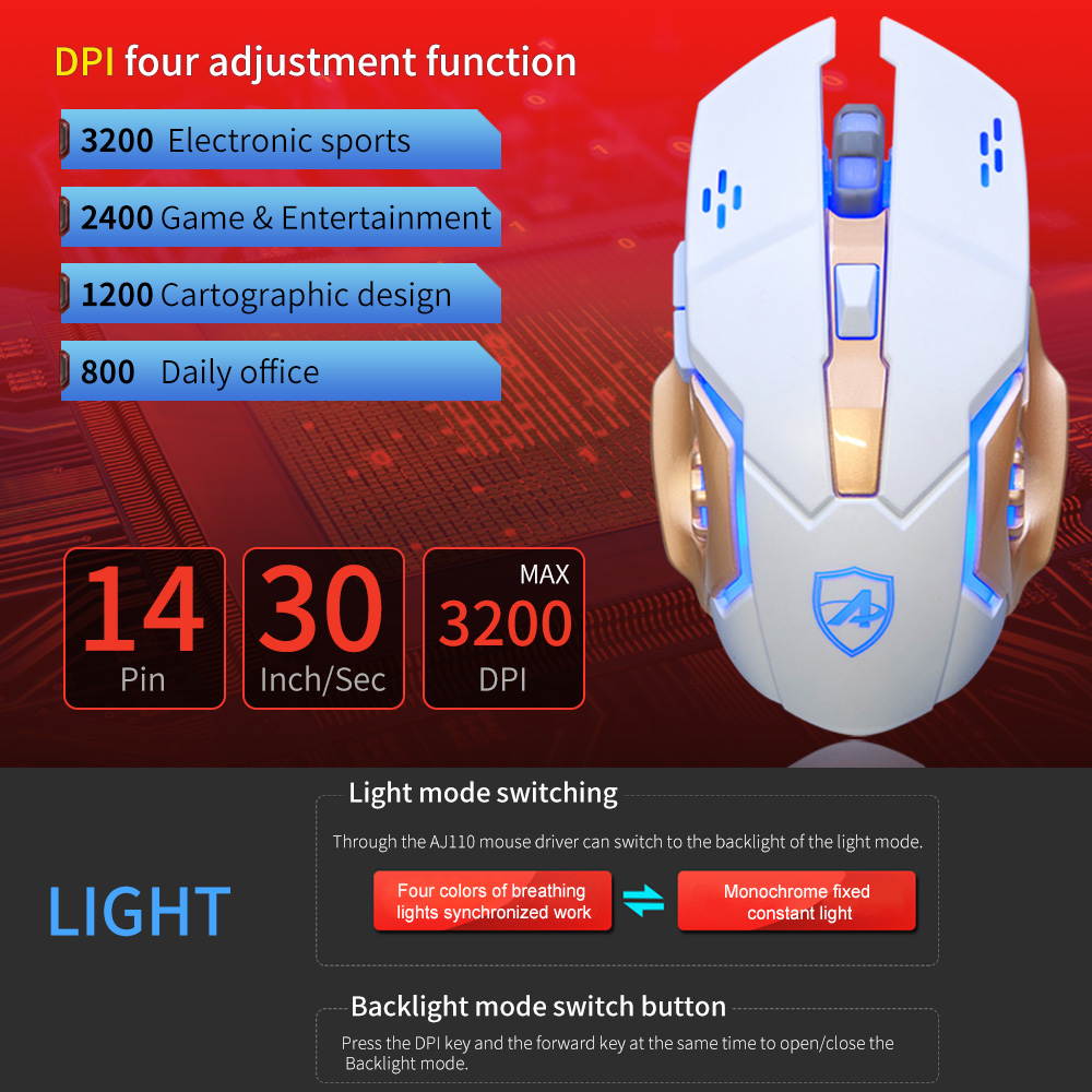 AJAZZ AJ-110 Gaming Laser Mouse USB Wired Mouse 4 Adjustable DPI Levels 3200DPI with Breathing LED Light 6 Buttons for Laptop