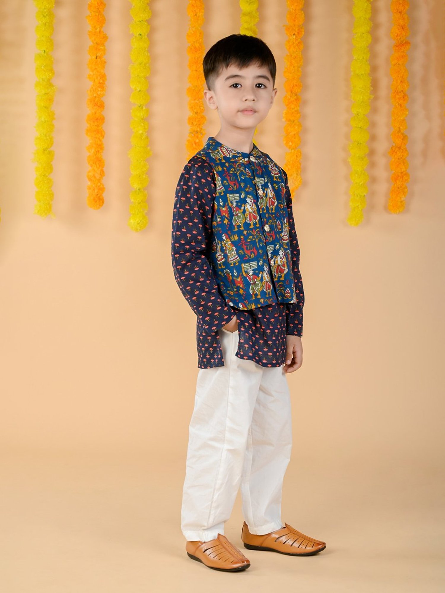 Budding Bees Kids Blue & Off White Printed Full Sleeves Kurta, Jacket with Pyjamas