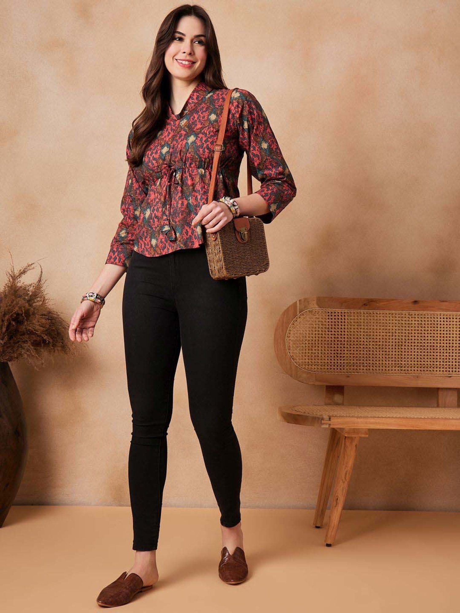 Inweave Coral & Blue Cotton Printed Top