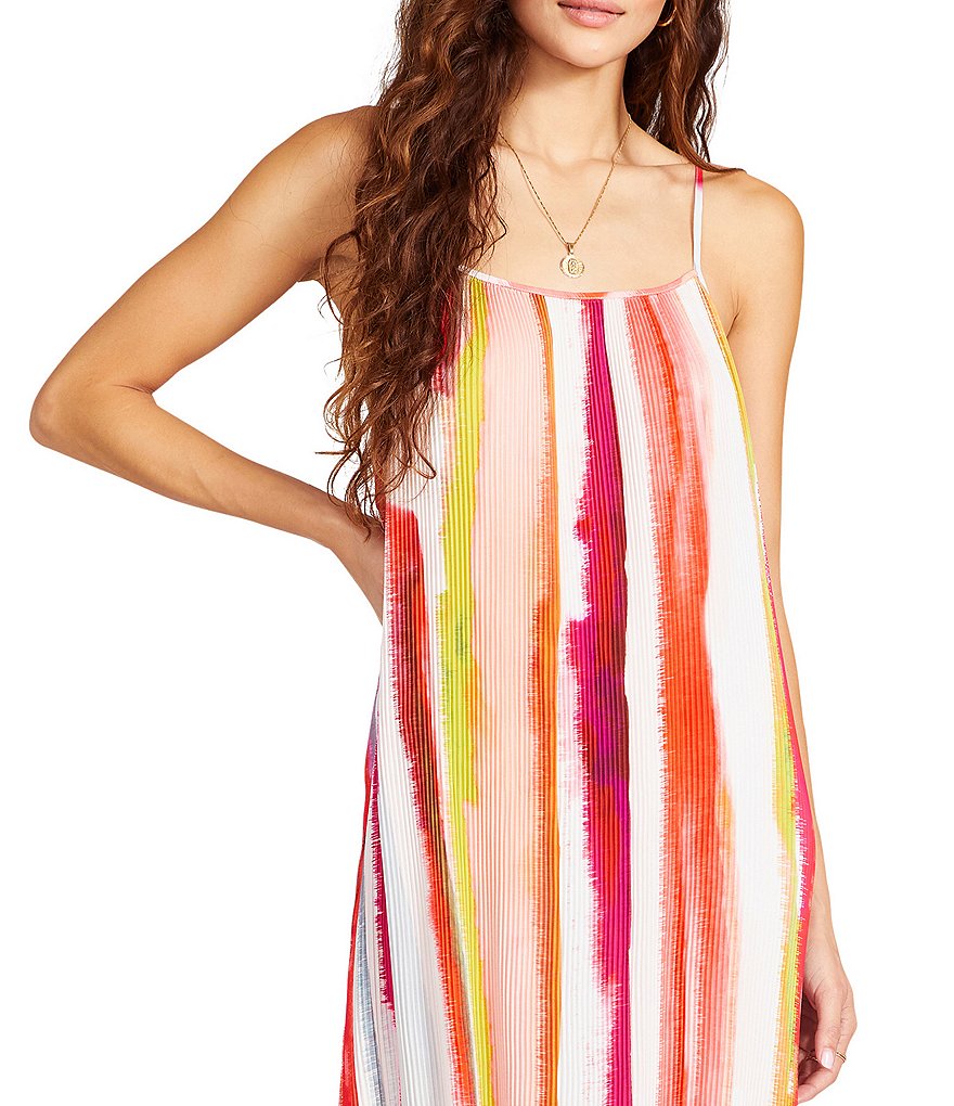 BB Dakota by Steve Madden Bon Voyage Watercolor Abstract Stripe Print Crepe de Chine Radial Pleat Maxi Swing Dress
