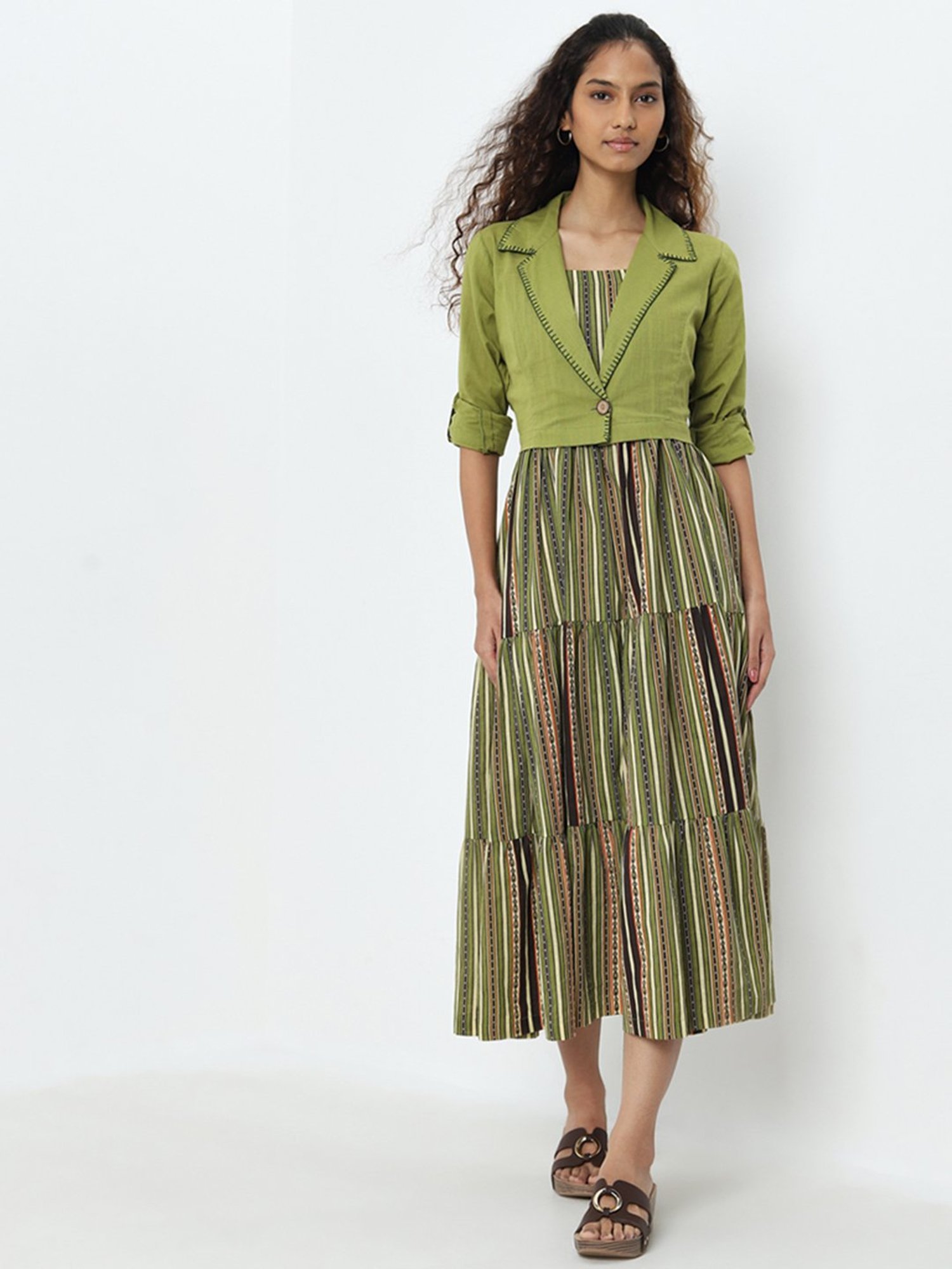 Bombay Paisley by Westside Green Tiered Cotton Dress with Jacket