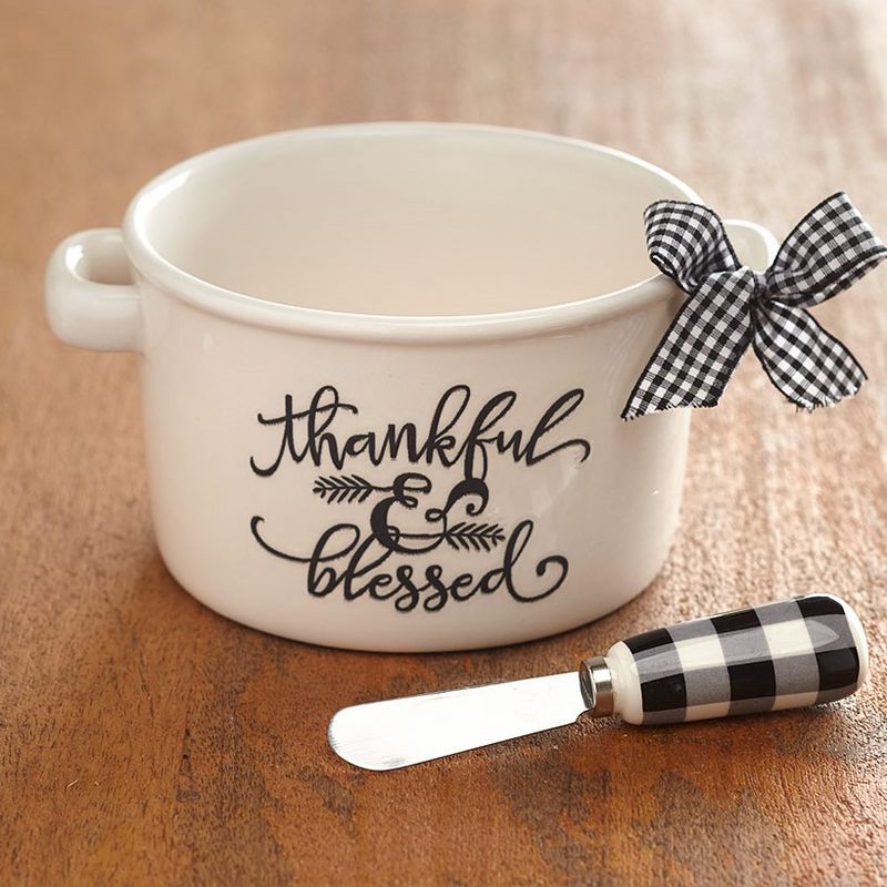 Lakeside Thankful and Blessed Dipping Bowl and Spreader with Embossed Text