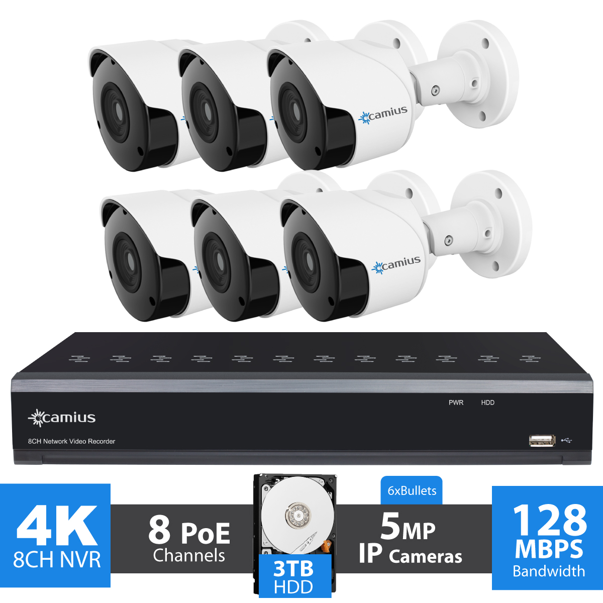 Camius 4K 8 Channel NVR PoE Security System with 3TB HDD, 6 x 5MP Outdoor Audio Video Surveillance IP PoE Ethernet Bullet Cameras, Mac, PC software, Browser viewer, phone app 8P6B3T