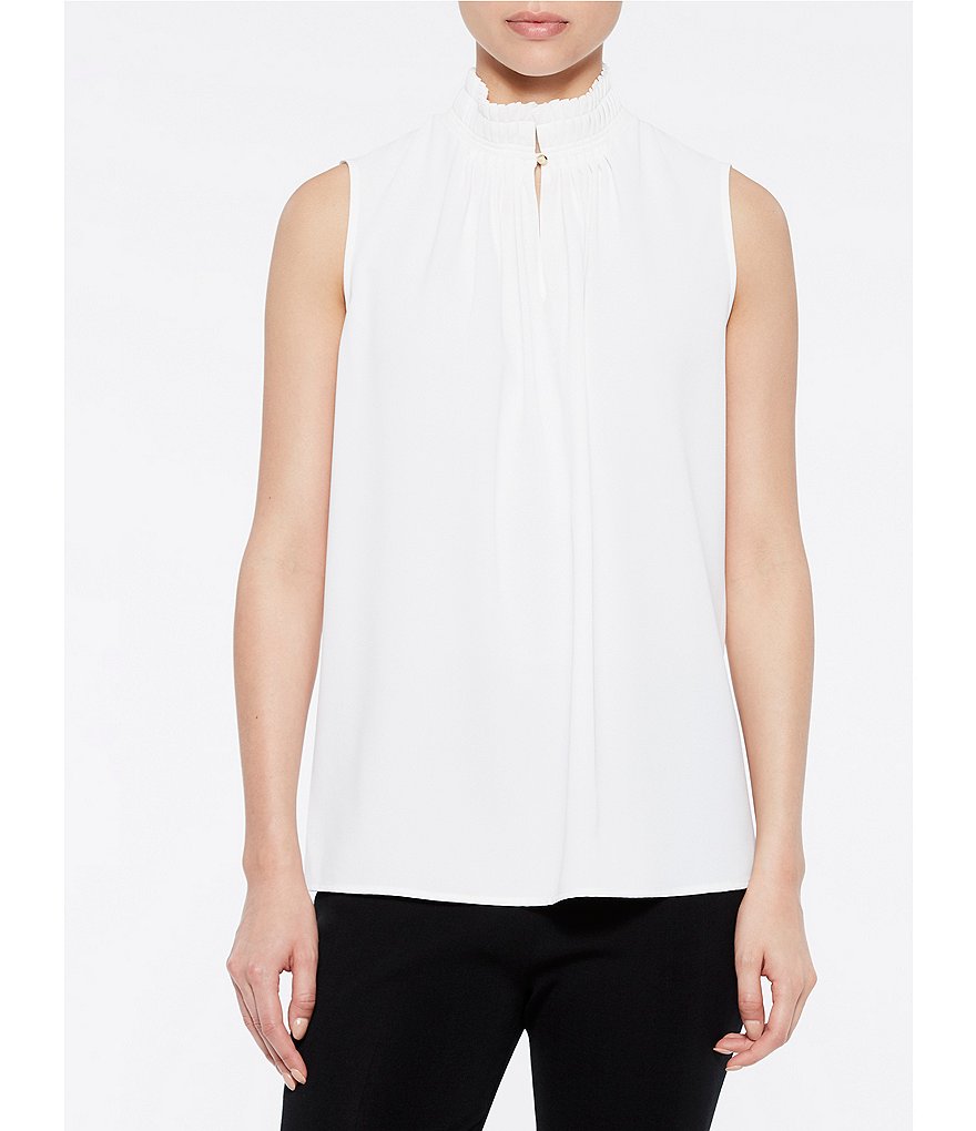 Ming Wang Crepe de Chine Pleated Split Mock Neck Sleeveless Blouse