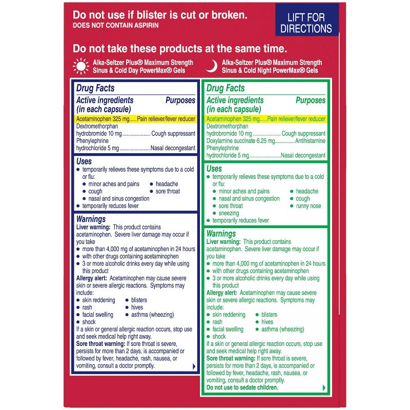 Alka-Seltzer Plus PowerMax Sinus & Cold Day/Night Liquid Gel Capsules - Acetaminophen - 24ct