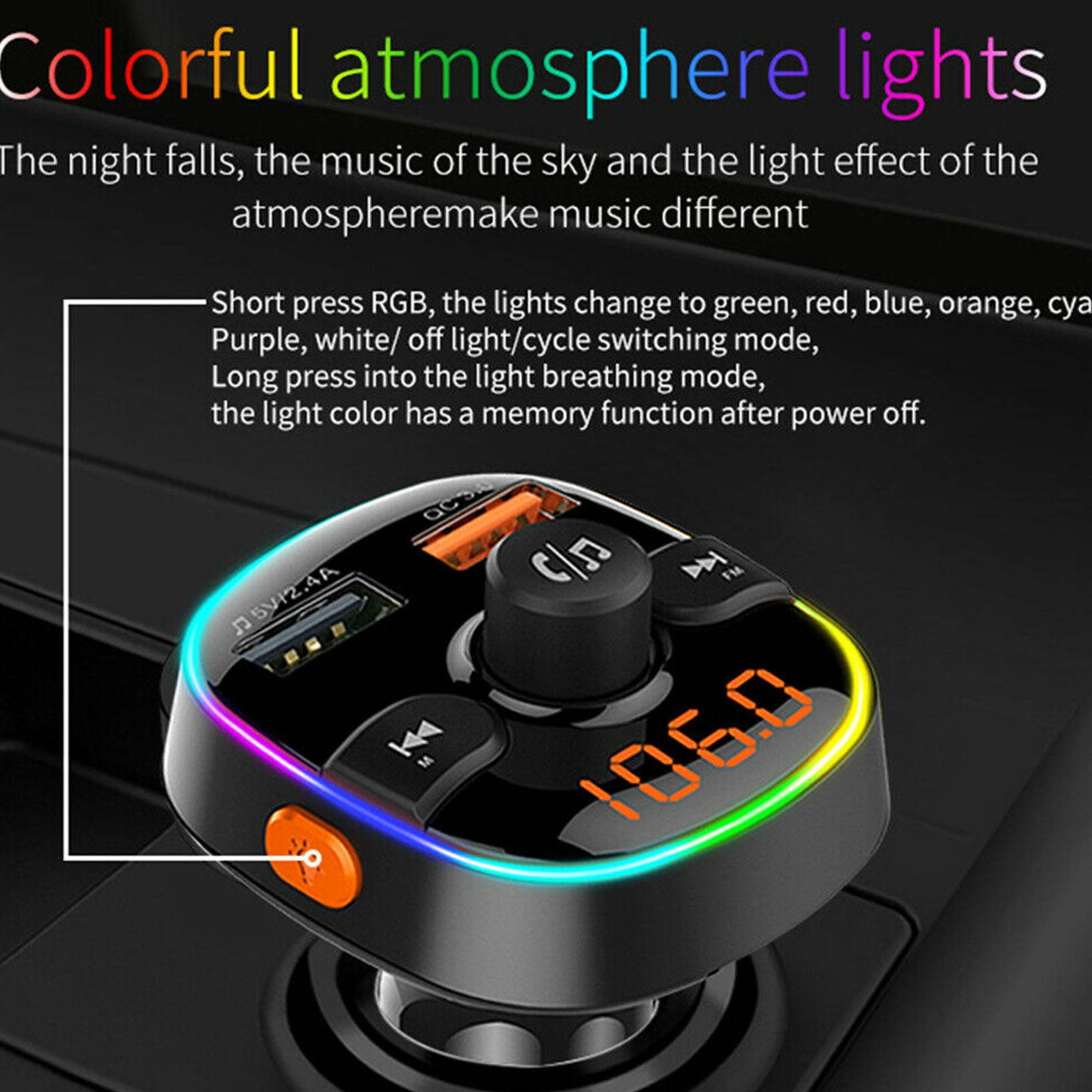 Bluetooth 5.0 FM Transmitter QC3.0 Car Charger 7Color Radio Adapter Handsfree TF
