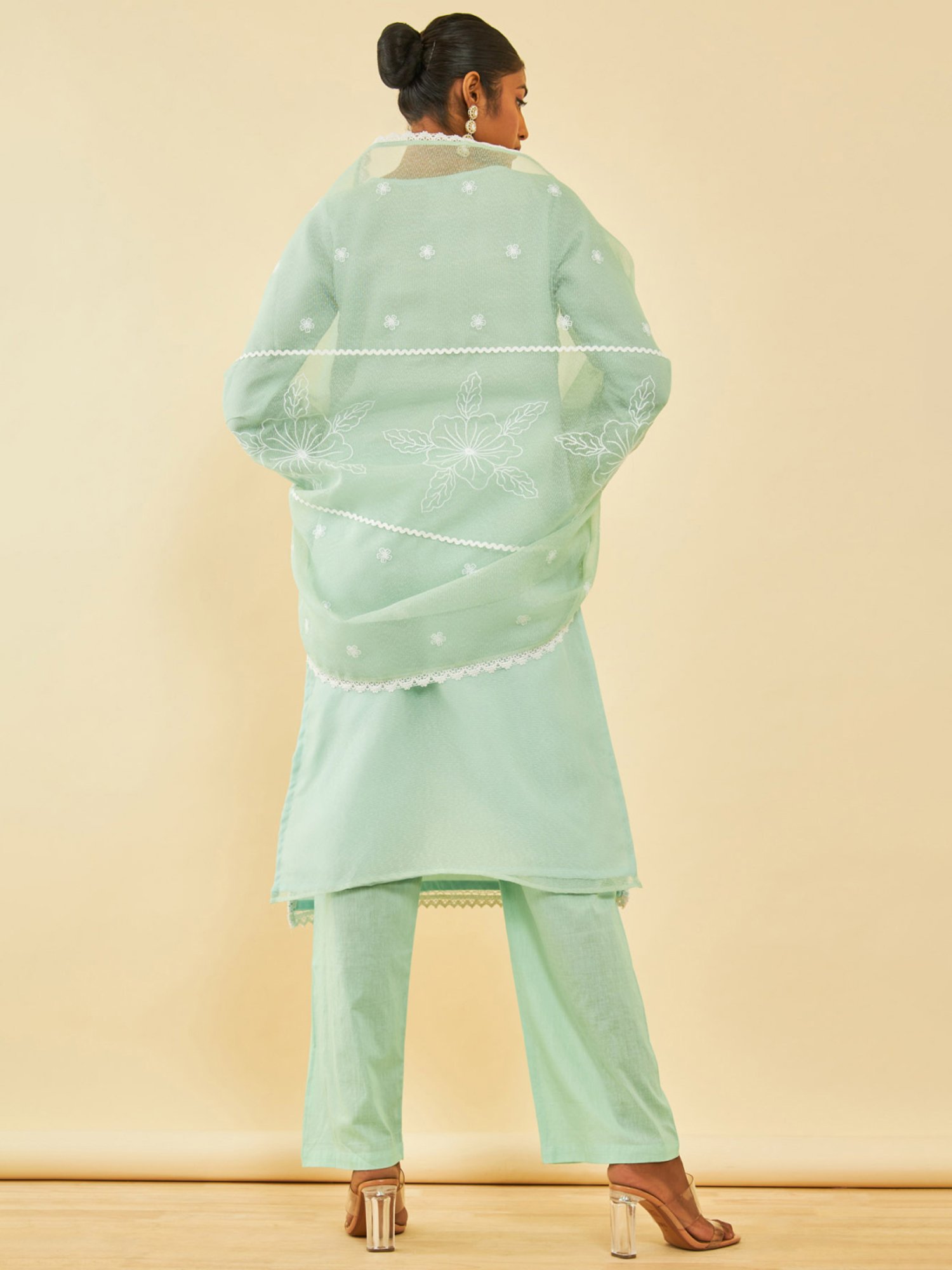 Soch Sap Green Kota Embroidered Unstitch Dress Material With Lace Details