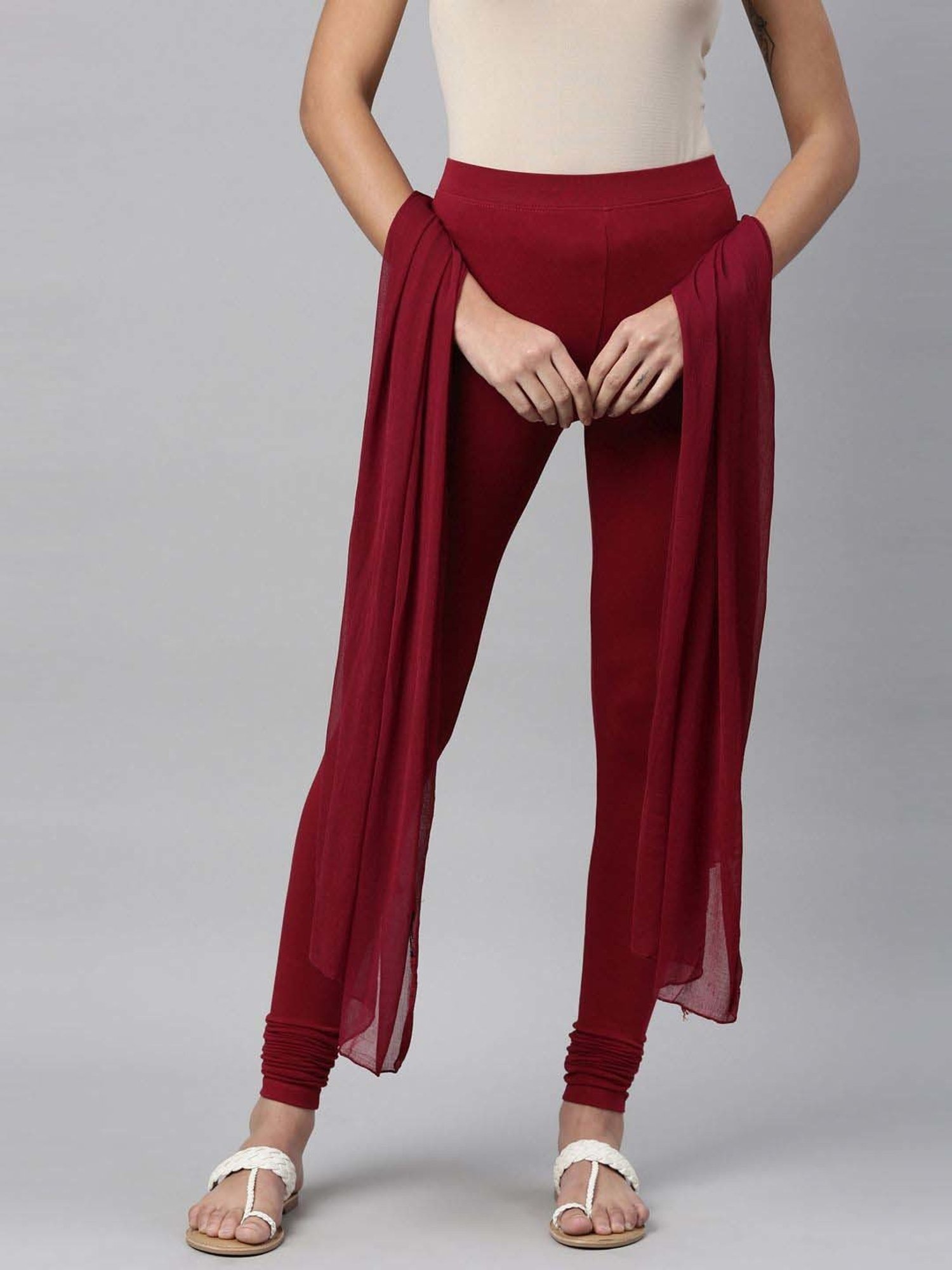 TWIN BIRDS Maroon Cotton Full Length Leggings With Dupatta