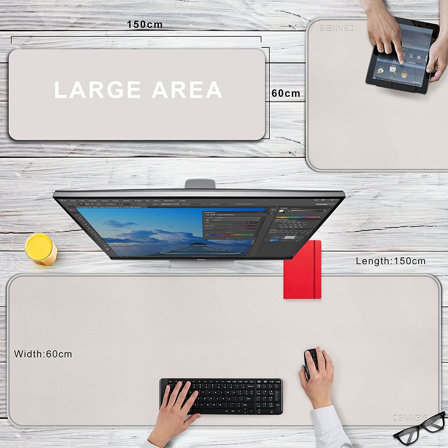 Desk Mat Pad Blotter Protector 59 x 23.6", Super Large PU Leather Desk Mat Laptop Keyboard Mouse Pad with Comfortable Writing Surface Waterproof (Off-White)