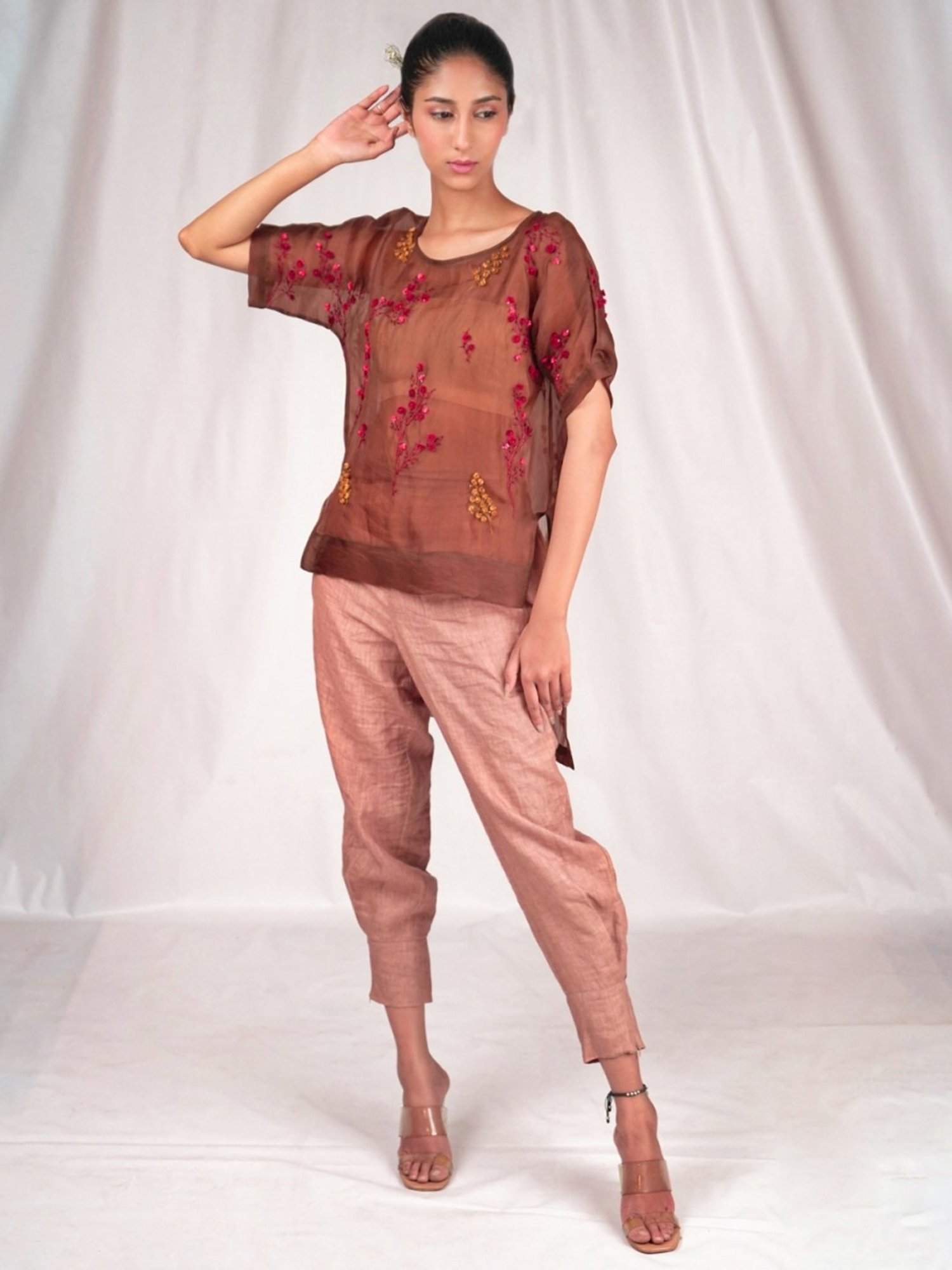 Seesa Pink Spring Summer Linen Trousers With Fitted Band Hemline