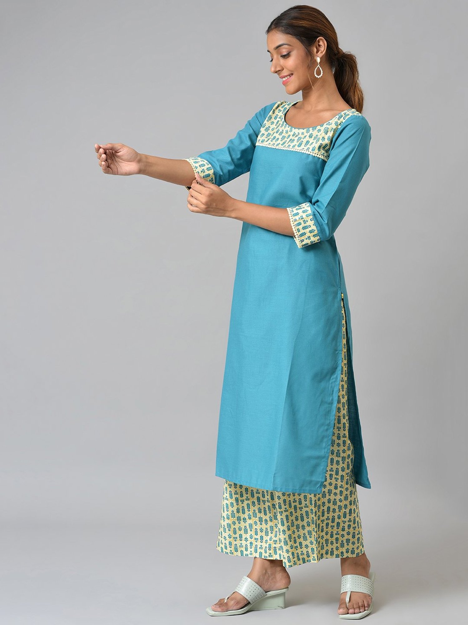 Aurelia Blue & Beige Cotton Floral Print Kurta Palazzo Set
