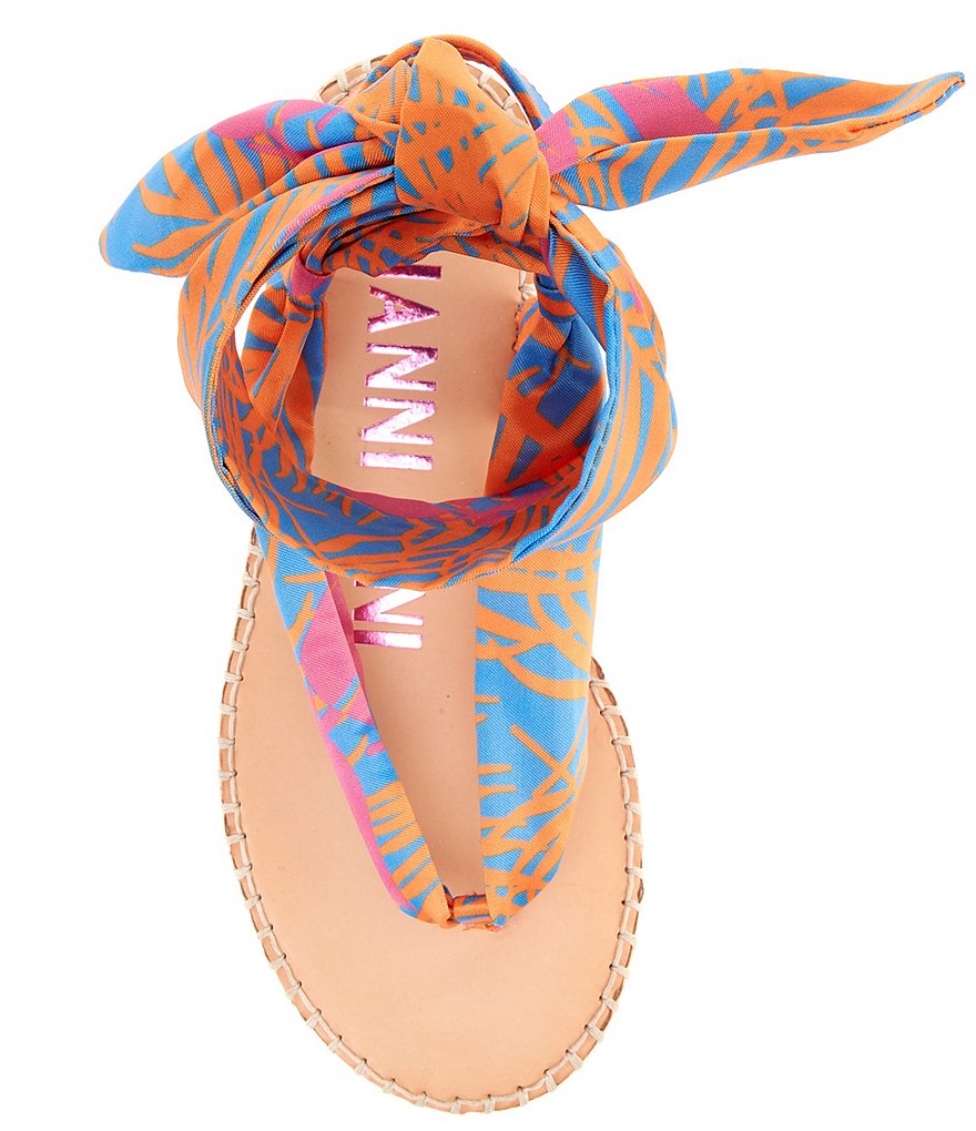 Gianni Bini Turnie Tiki Palm Print Satin Scarf Ankle Wrap Flatform Sandals