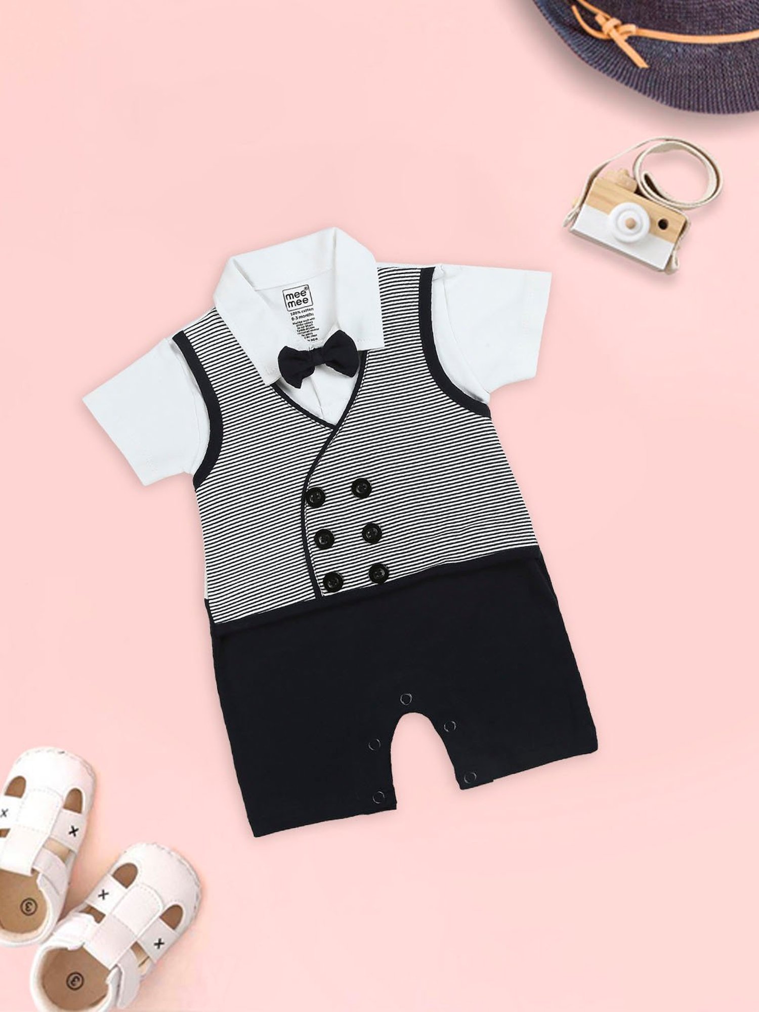Mee Mee Kids White & Navy Striped Polo T-Shirt with Romper