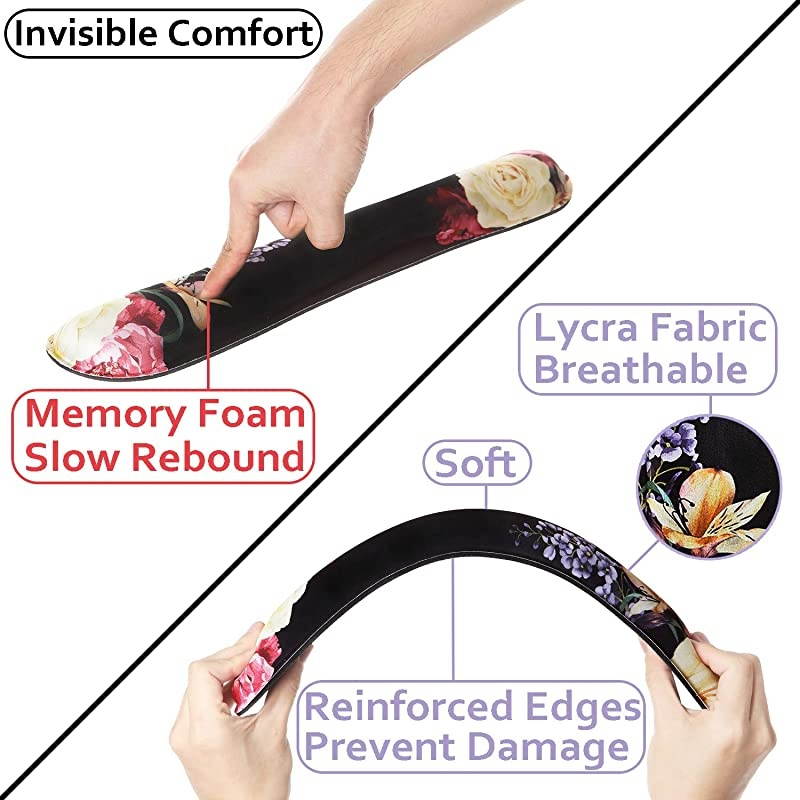 Black Peony Mouse Pad with Wrist Support and Keyboard Wrist Rest Pad Set for Computers & Laptop, Made of Memory Foam, Soft and Breathable, Ergonomic Design, Non-Slip Rubber Base, Easy Typing