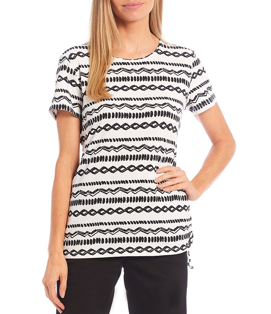 Allison Daley Horizontal Stripe Print Short Sleeve Side Ruched Detail Top
