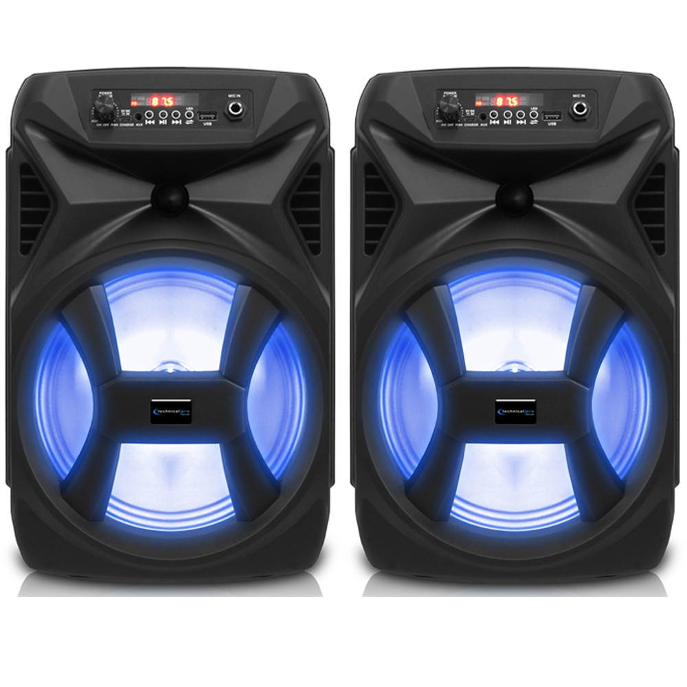 Technical Pro 8 Inch 500 Watts Portable Bluetooth Speaker with Woofer & Tweeter, Festival PA LED Speaker with Bluetooth/USB Card Inputs, True Wireless Stereo, 30 Feet Bluetooth Range