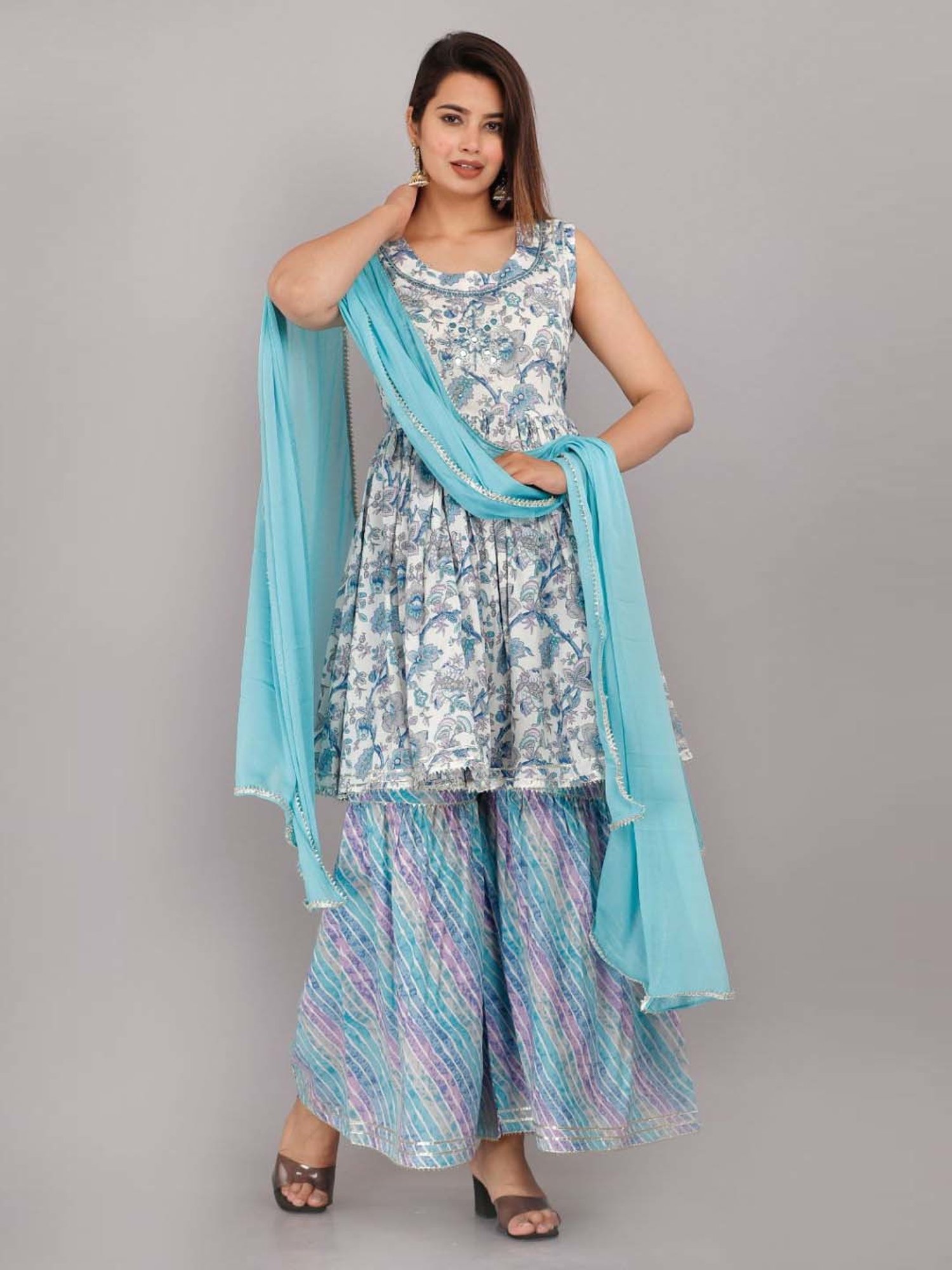 HIGHLIGHT FASHION EXPORT Blue Cotton Embellished Kurta Sharara Set With Dupatta