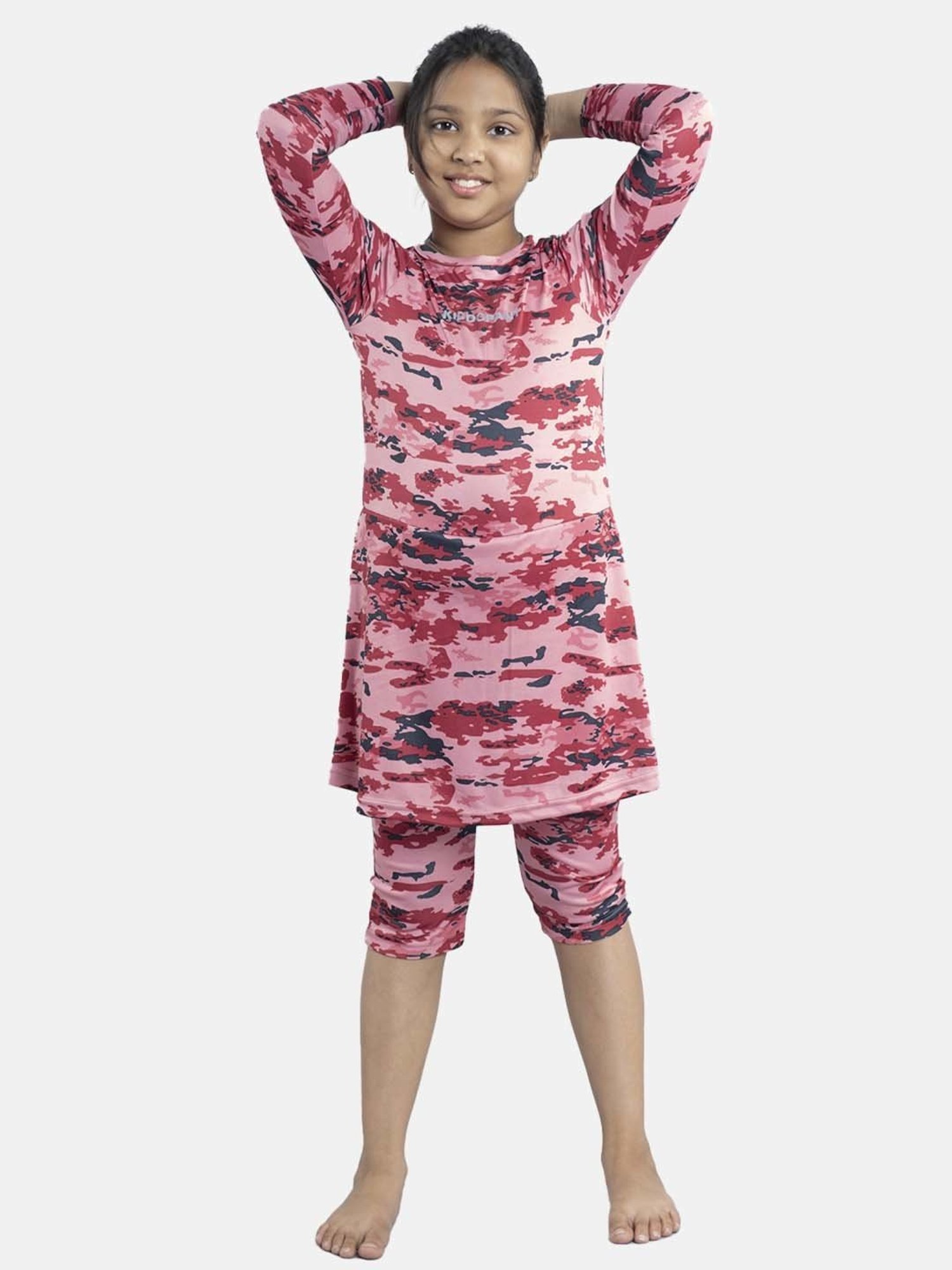 Kiddopanti Kids Pink & Maroon Printed Full Sleeves Swim Dress