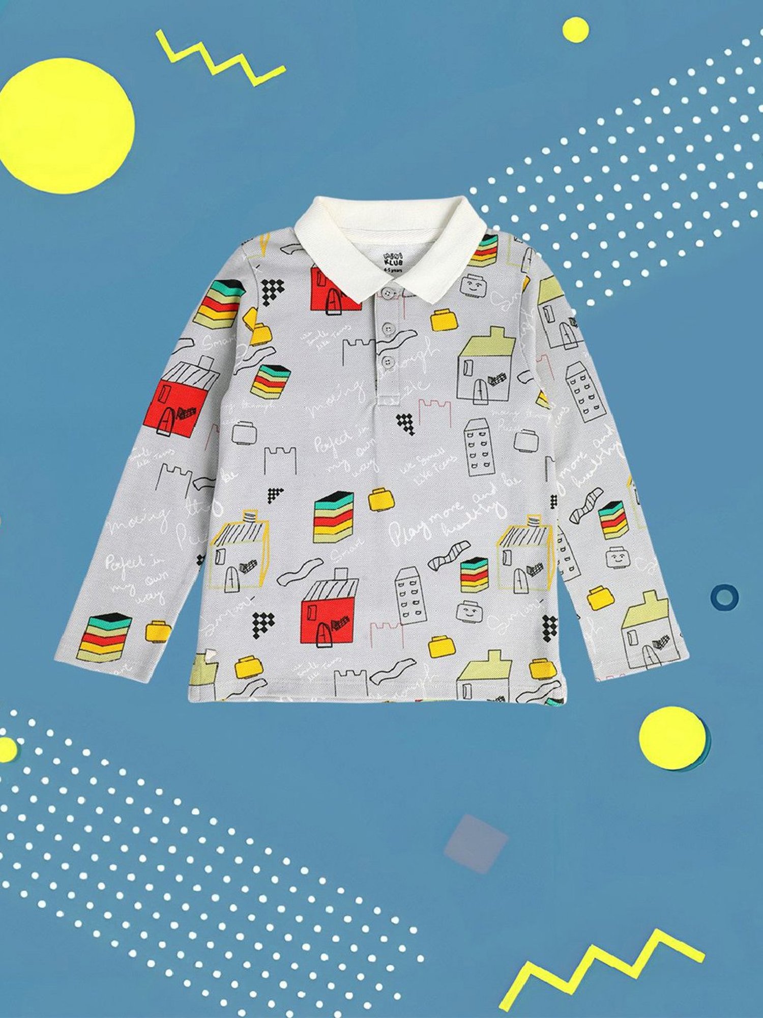 MINIKLUB Kids Grey Printed Full Sleeves Polo T-Shirt