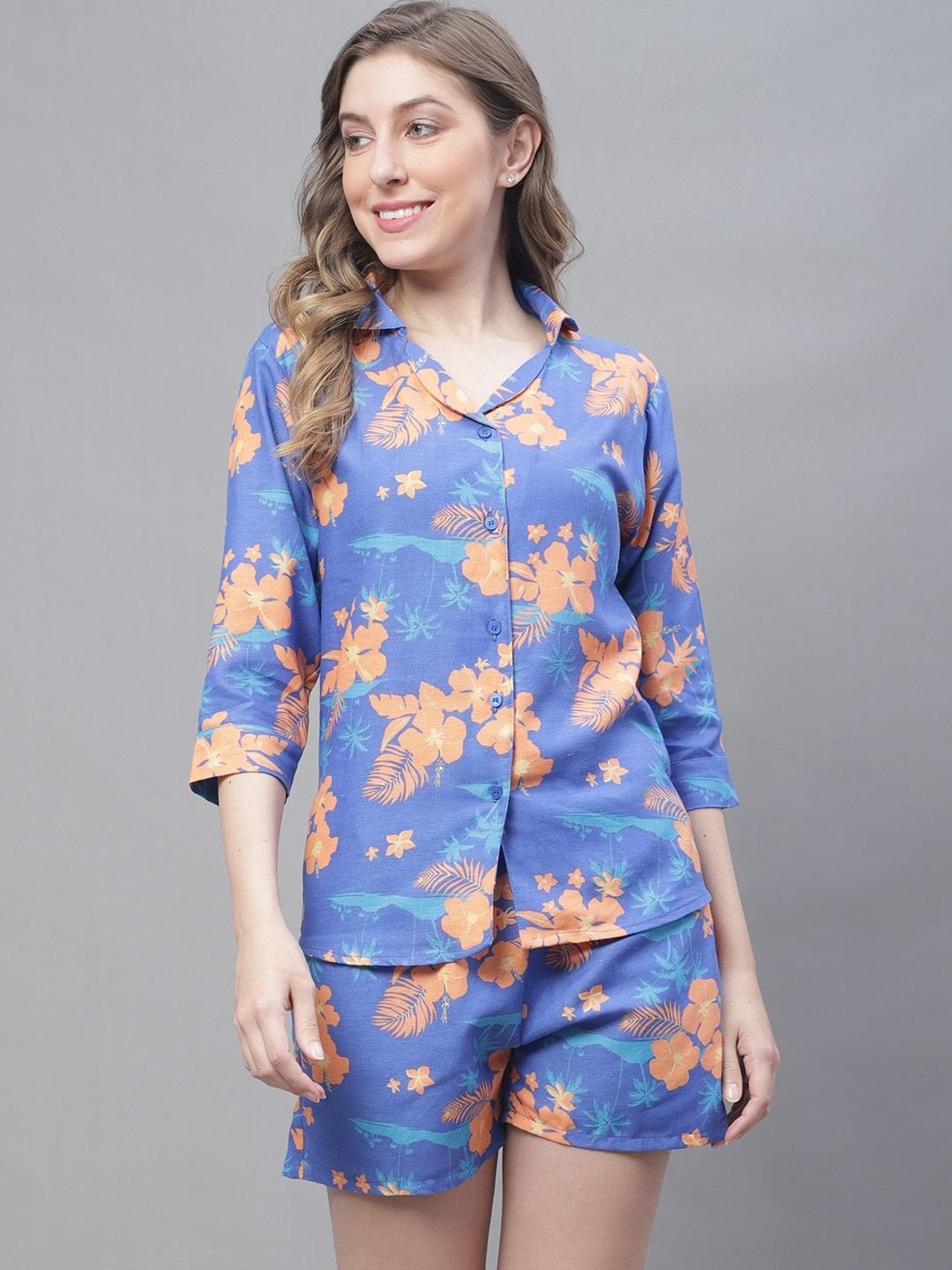 TAG 7 Blue Cotton Floral Print Shirt Shorts Set