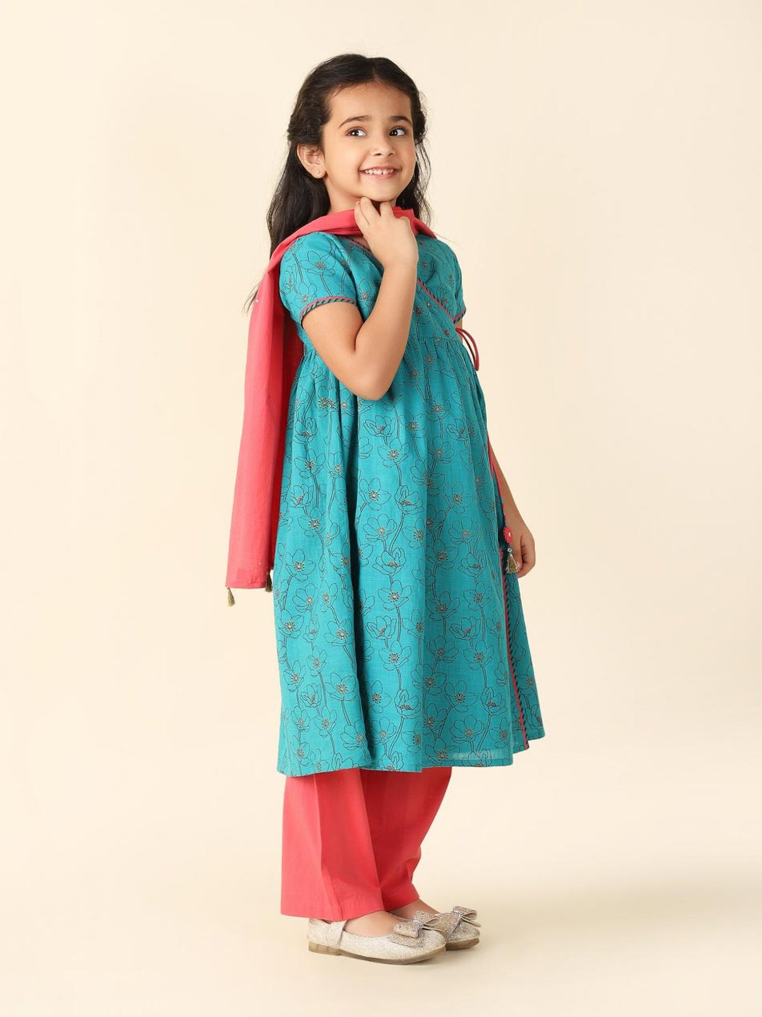 Fabindia Kids Blue & Coral Floral Print Kurta, Salwar with Dupatta
