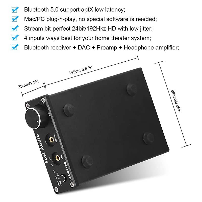 K2 Bluetooth 5.0 Mini Stereo Gaming DAC Headphone Amplifier & Preamplifier 24-Bit/192 KHz USB/Optical/Coaxial to RCA AUX, Digital-to-Analog Audio Converter Adapter for Home Audio System
