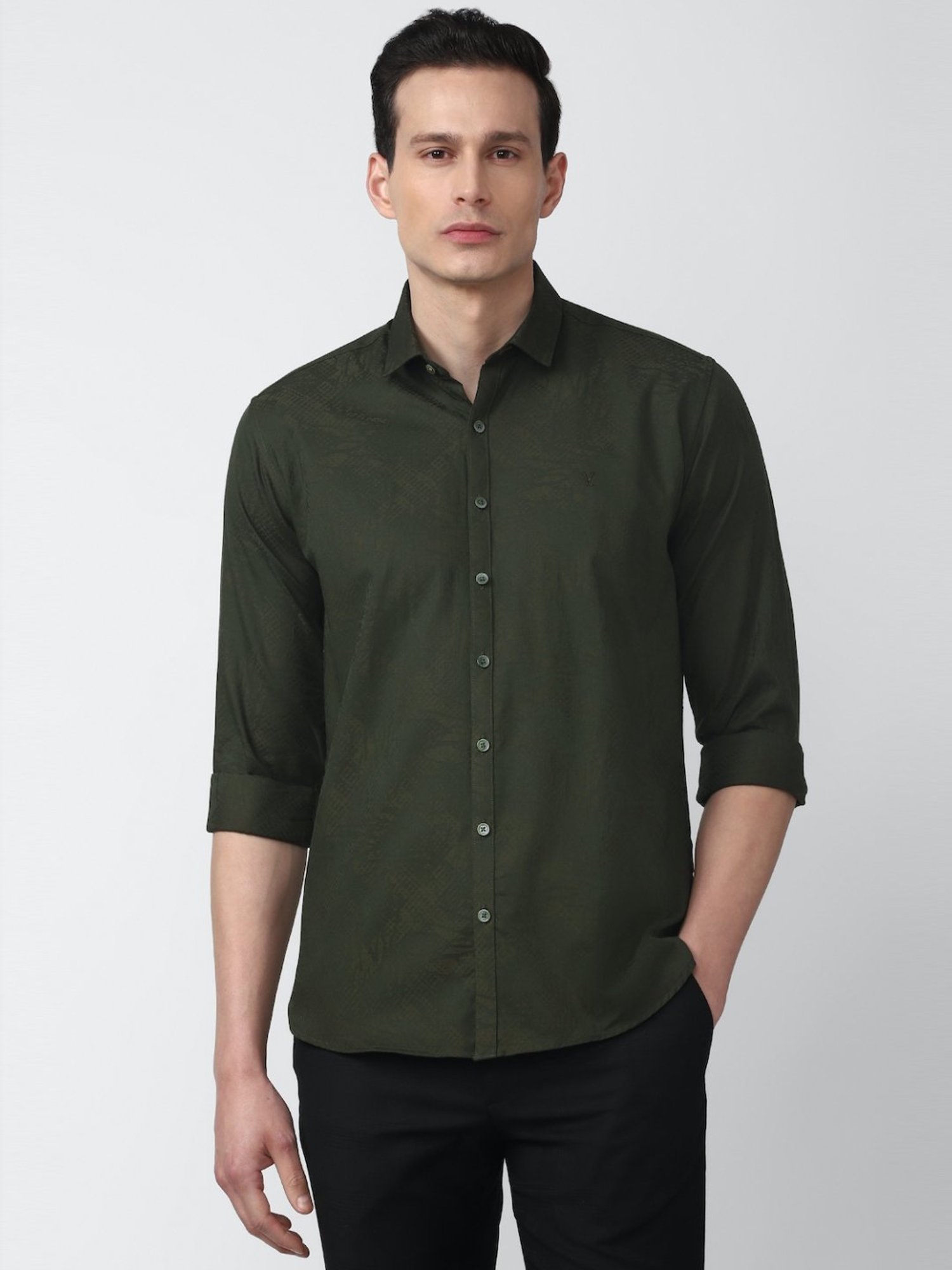 V Dot Green Cotton Slim Fit Printed Shirt
