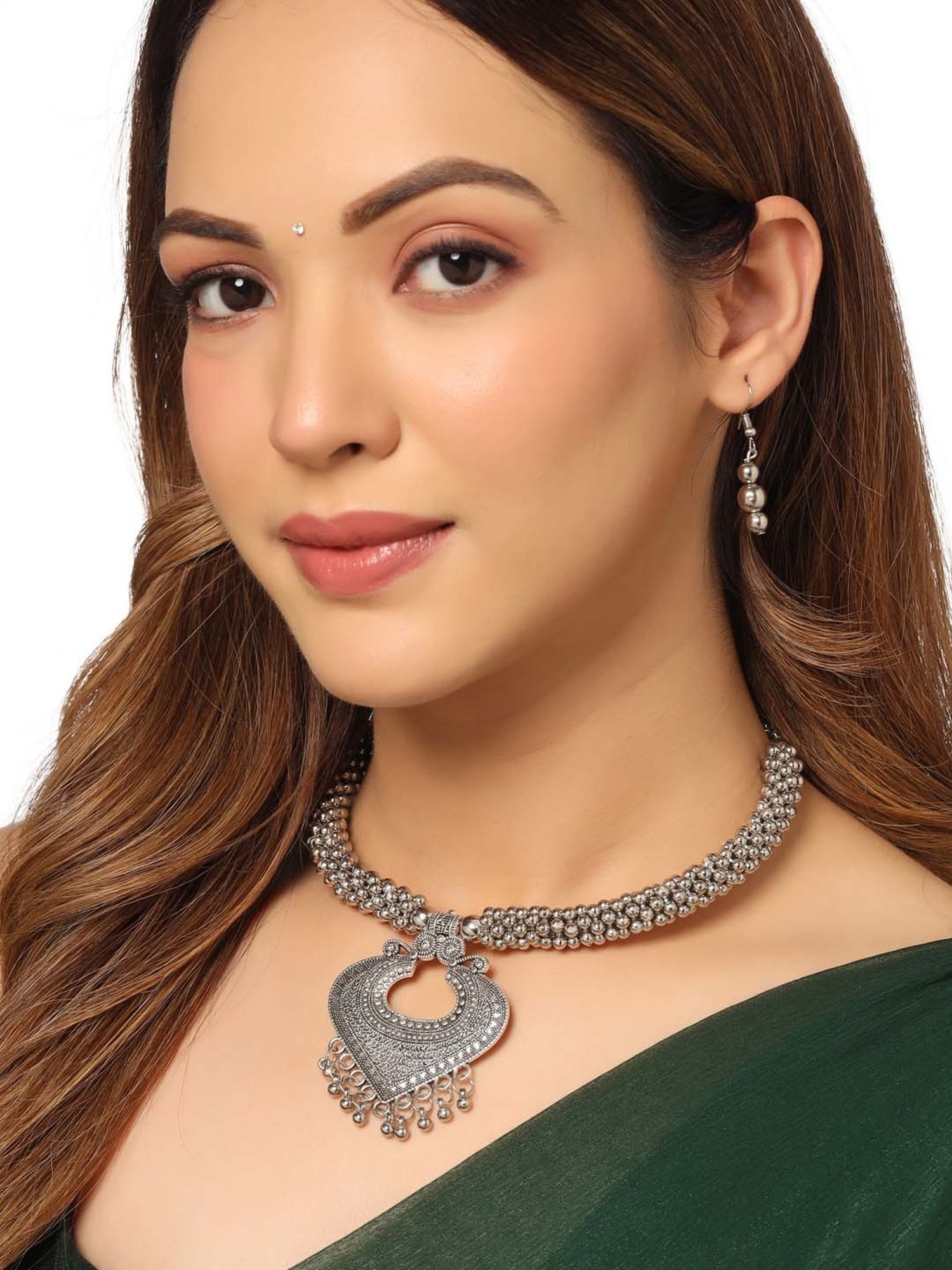 NVR Silver Toned Oxidized jewellery set for Women