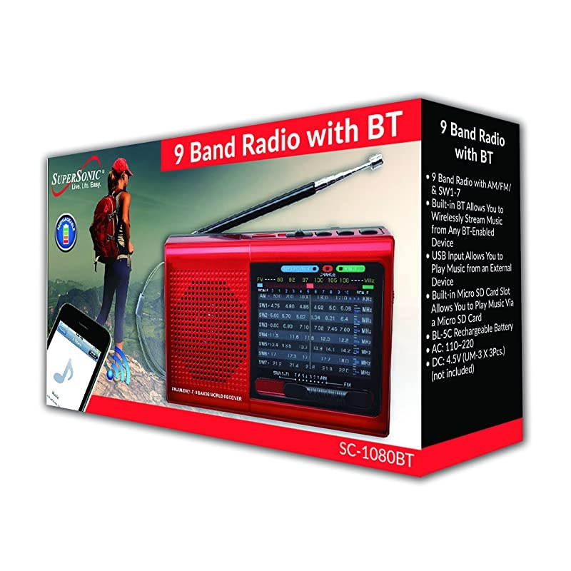 9 Band Bluetooth Radio with AMFM and SW17 Red SC1080BTRed