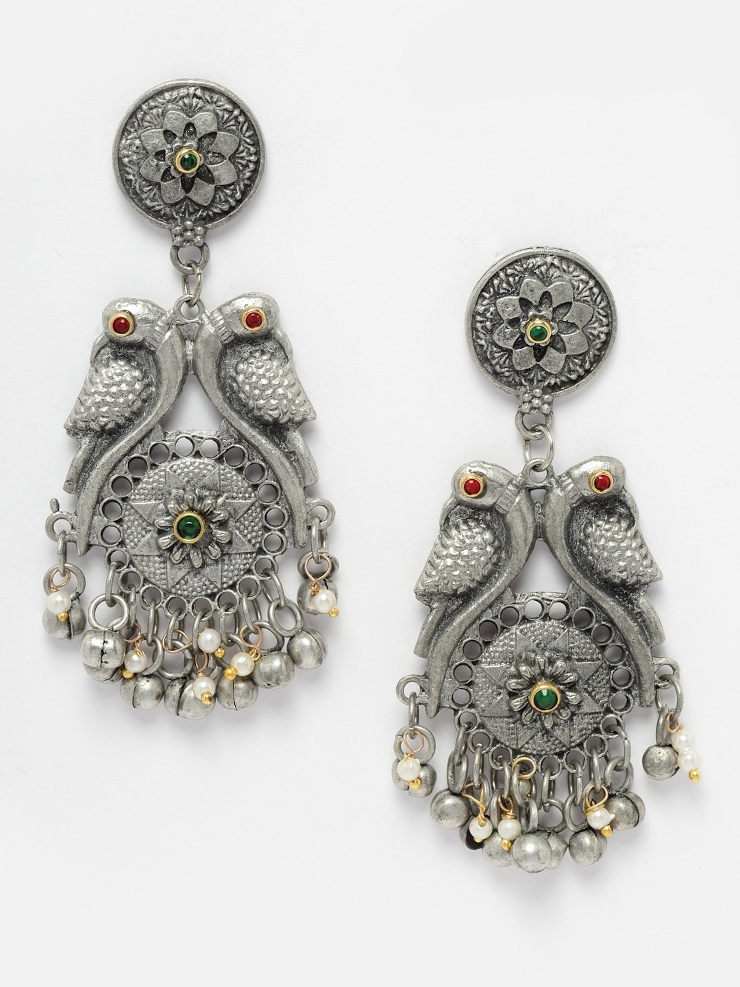 Moedbuille Crystal Ghungroo & Pearl Studded Peacock Design Silver-Plated Antique Dangler Earrings