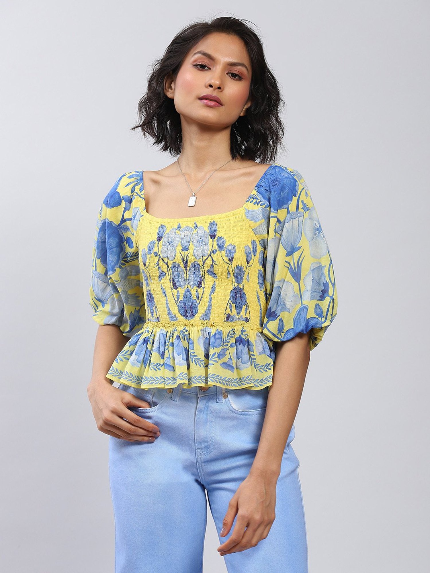 Label Ritu Kumar Yellow Floral Print Peplum Top
