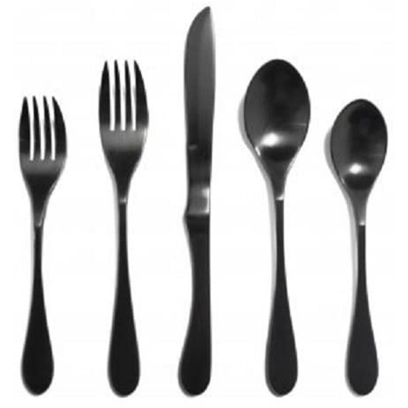 Knork Rustproof Titanium Coated Steel 5 Piece Modern Industrial Flatware Silverware Cutlery Dining Set with 2 Spoons, 2 Forks, and Knife, Black