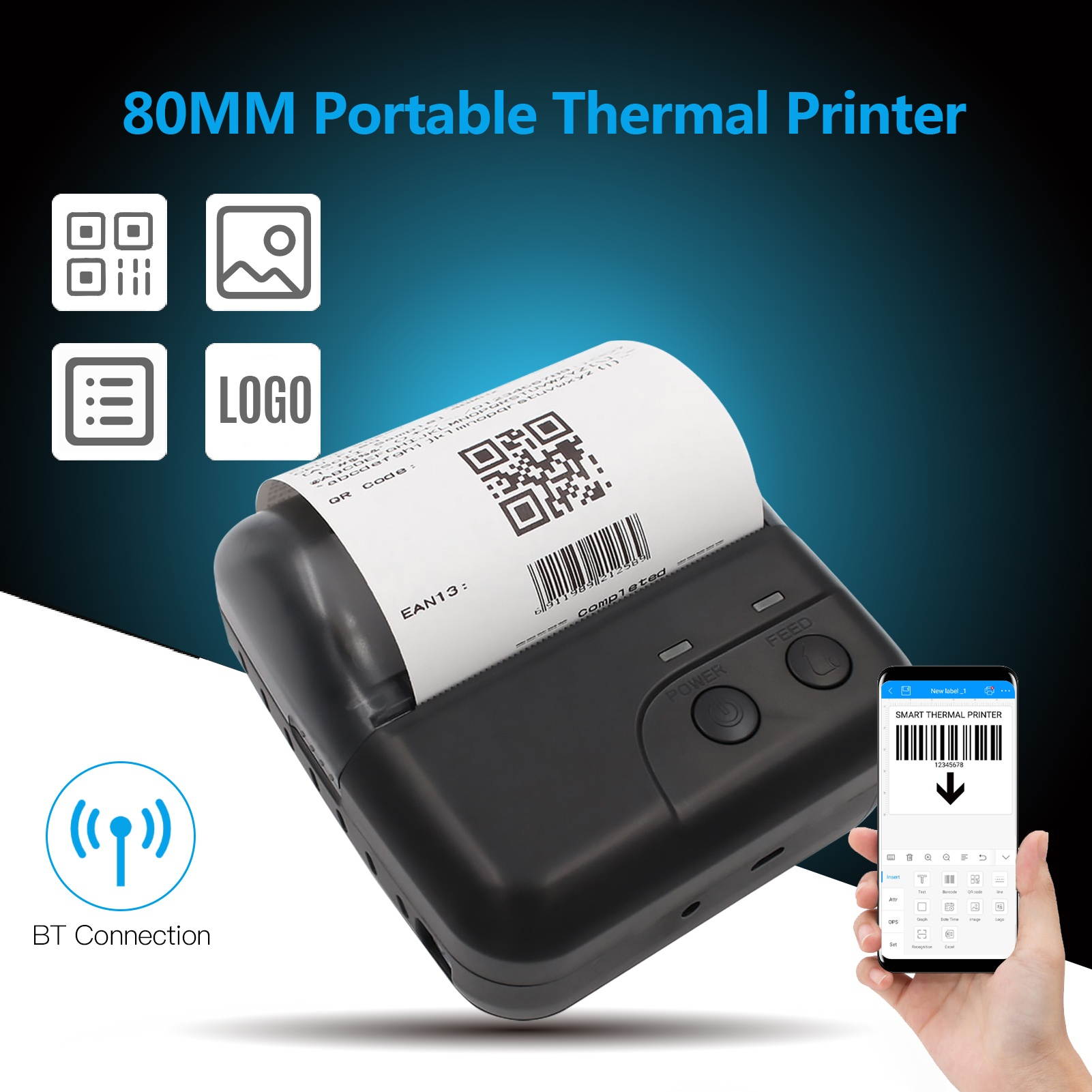 Aibecy 80mm Mini Portable Thermal Printer Wireless Receipt Printer USB BT Connection Support ESC/POS Command Compatible with Windows Android iOS for Supermarket Store Restaurant