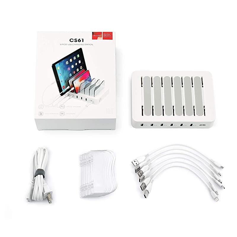 Premium 6-Port USB Charging Station Organizer for Multiple Devices, 6 Short Charging Cables Included, for Phones, Tablets, and Other Electronics, White