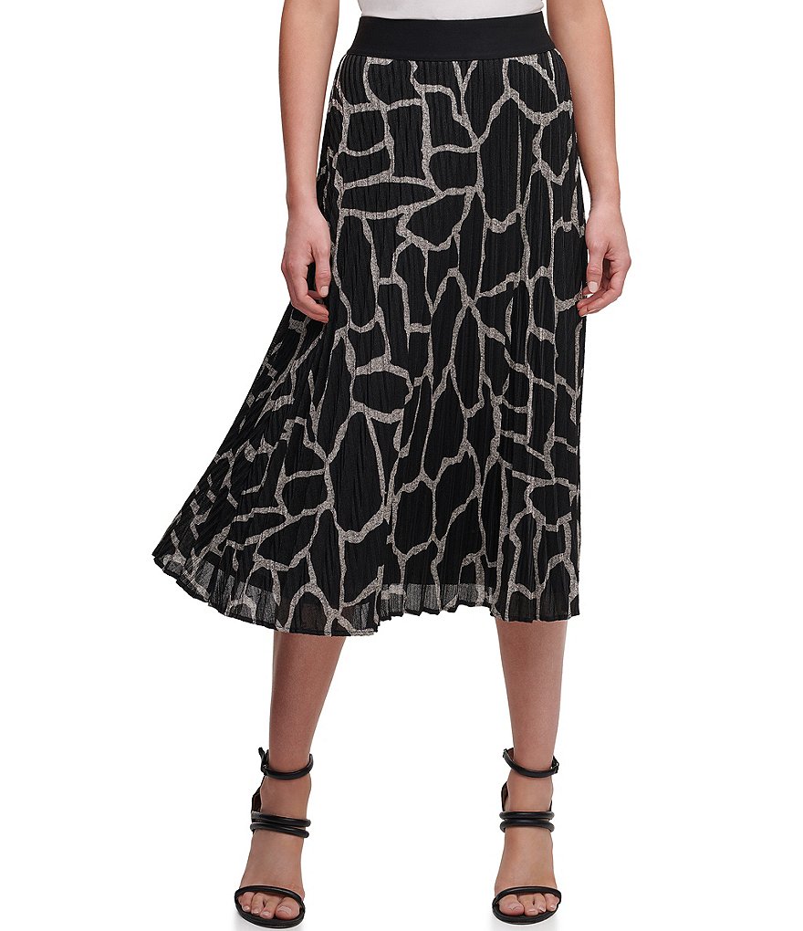 DKNY Giraffe Print Pleated Ribbed Knit Pull-On Midi Skirt