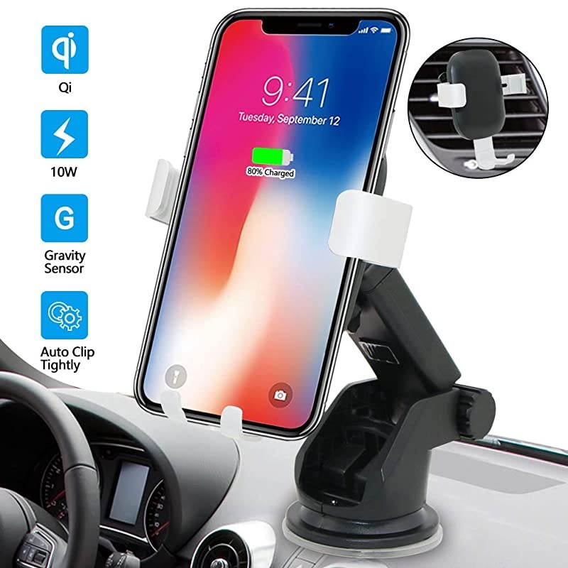 Car Charger Mount QI Fast Charging Auto Clamping Phone Holder Air Vent Compatible with Samsung Galaxy S10 S9 S8 S7 Edge Note 8 5 + iPhone X Xs Max 8 Plus