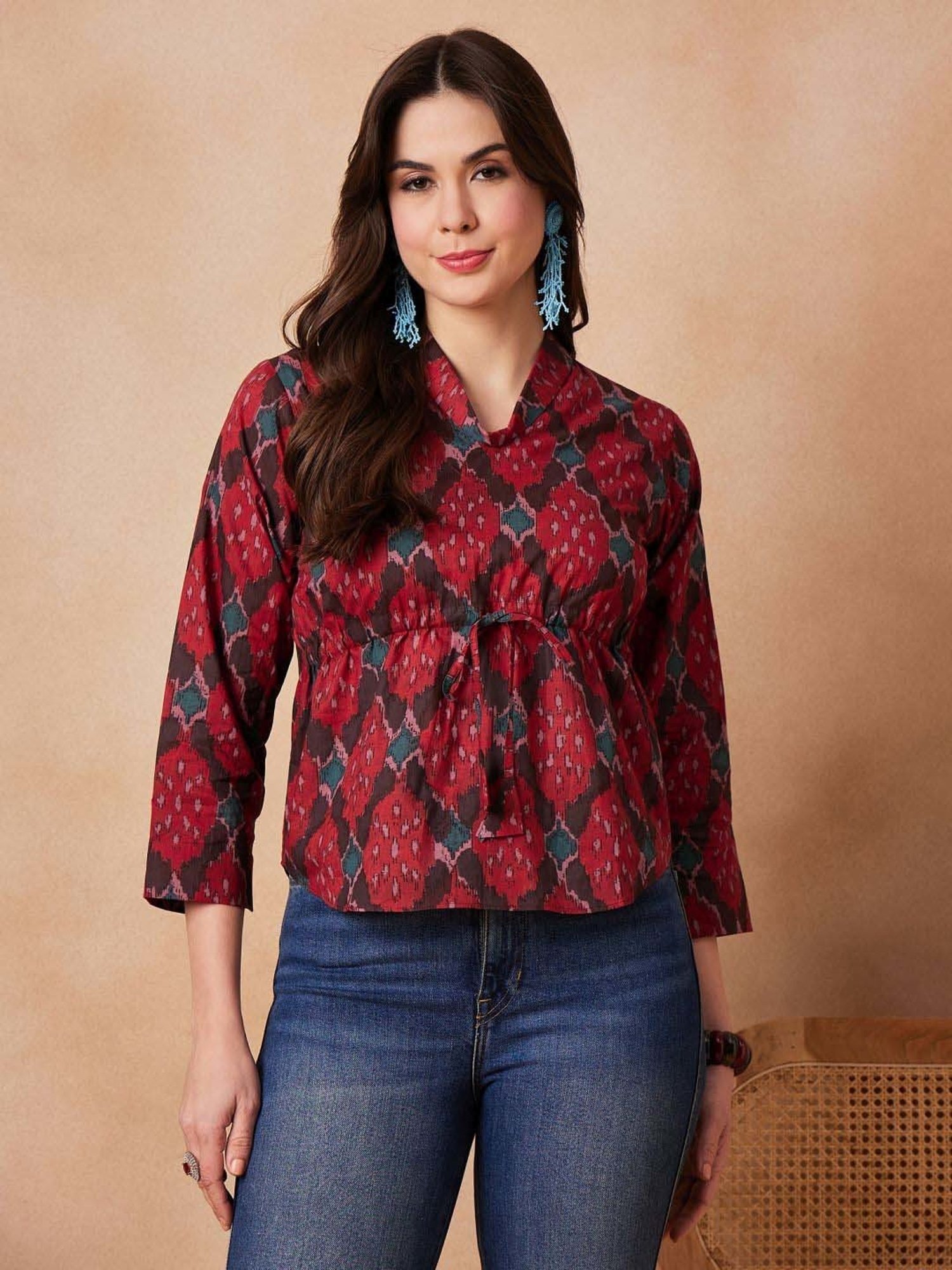 Inweave Red Cotton Printed Top