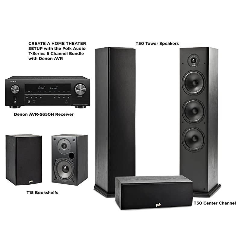T Series 5 Channel Complete Home Theater System & Denon AVR-S650H Receiver | Two (2) T15 Bookshelf, One (1) T30 Center Channel, Two (2) T50 Tower Speakers | Wi-Fi, Alexa, HEOS Built-in