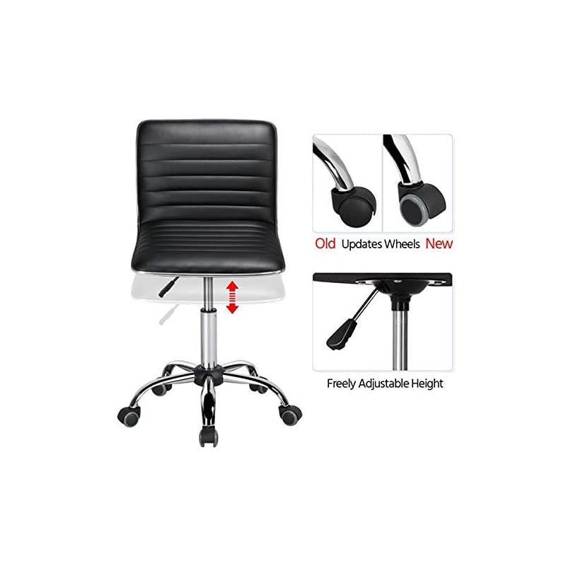Adjustable Task Chair PU Leather Low Back Ribbed Armless Swivel Black Desk Chair Office Chair Wheels Set of 2, Black