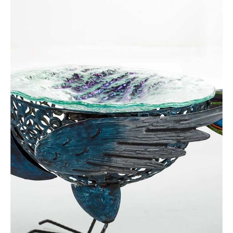 Wind & Weather Vibrant Metal Peacock Birdbath with Glass Bowl
