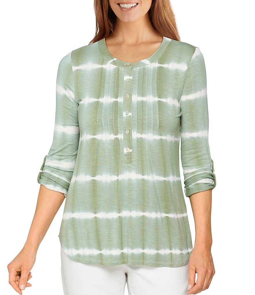 Ruby Rd. Tie-Dye Slub Knit 3/4 Roll-Tab Sleeve Pleat Front Detail Top