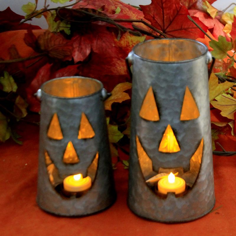 Halloween 8.25" Jack-O-Lantern Set Happy Face Metal  -  Decorative Figurines