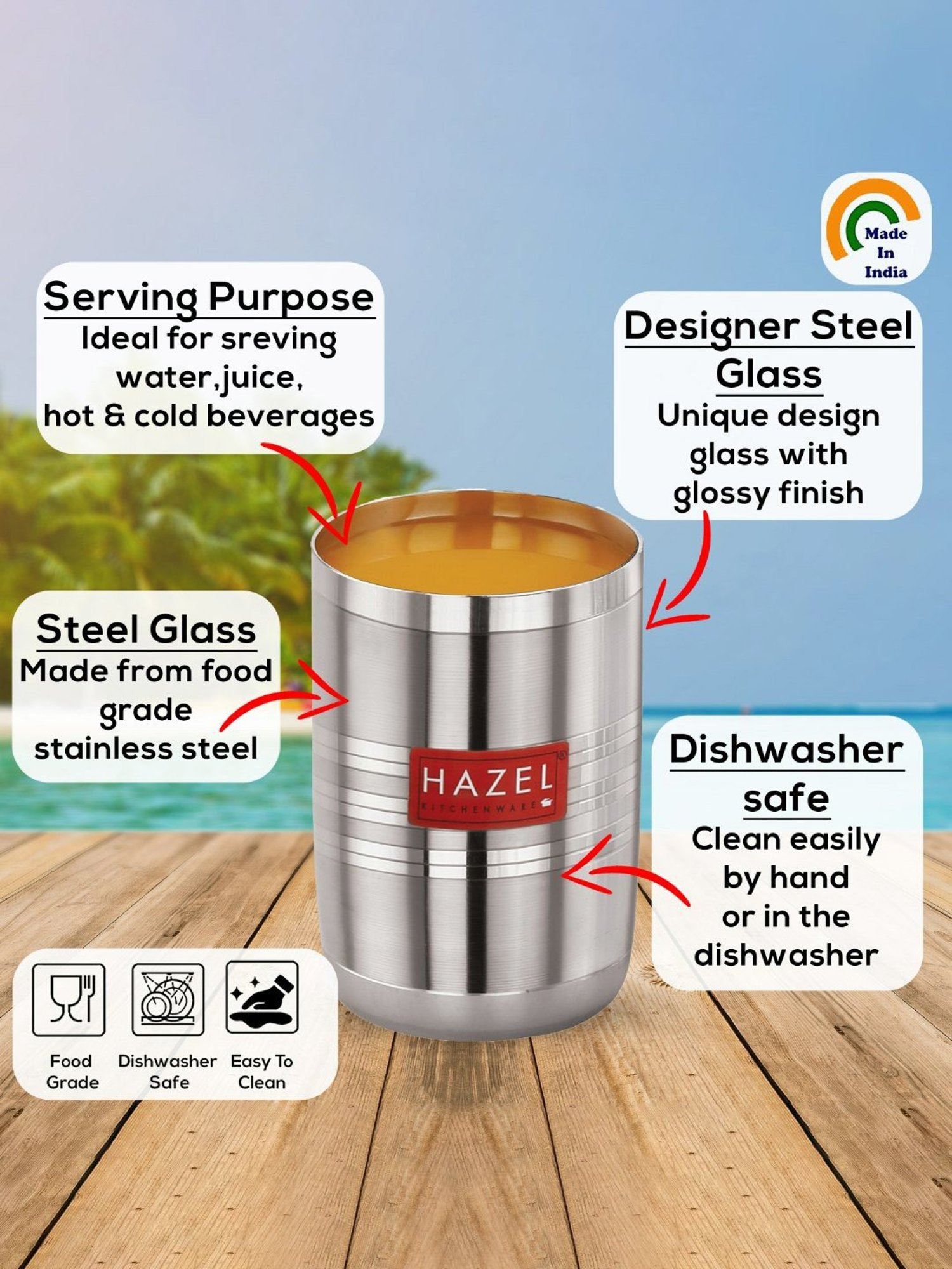 HAZEL Silver Stainless Steel Drinking Water Glasses - Set of 6 (350ml)