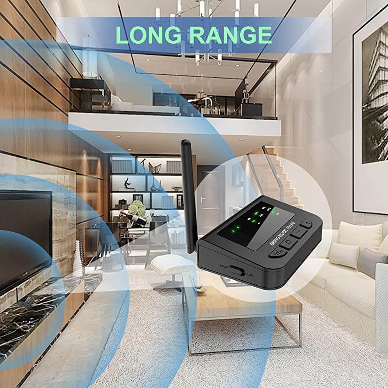 Long Range Bluetooth 50 Transmitter Receiver for TV 40MS Low Latency Wireless HD Audio Adapter with PassThru for Home Stereo Optical AUX RCA Always ON Dual Stream Pair with AirPods